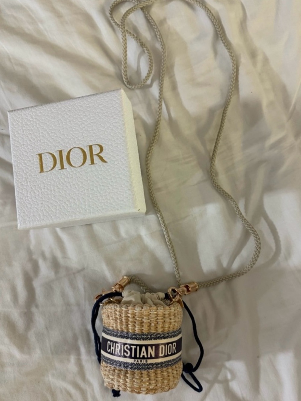 Dior Natural Raffia Mini Bucket Bag with Black Logo Band